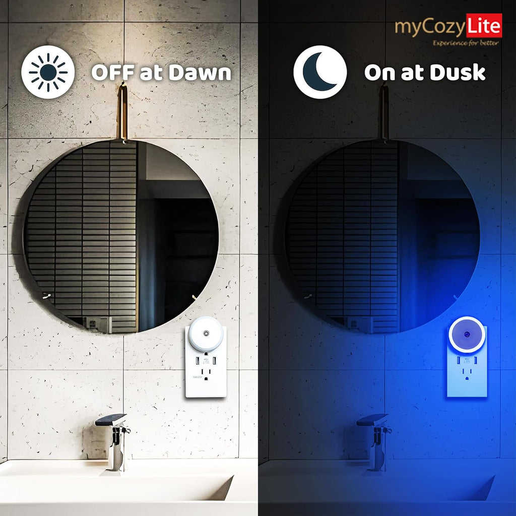 Blue LED Night Light, Plug In, Dusk to Dawn Smart Sensor, Small round Nightlight, Energy Saving, Night Light Plug into Wall for Bathroom, Kitchen, Bedroom, Hallway, Stairway, Travel, 2 Pack